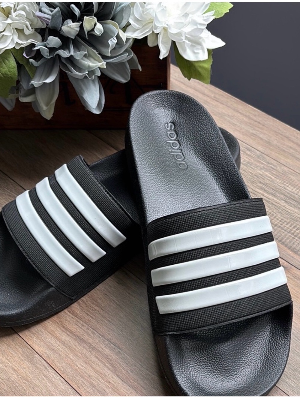 adidas Black Slide Sandals with White Stripes - Classic Slip-Ons